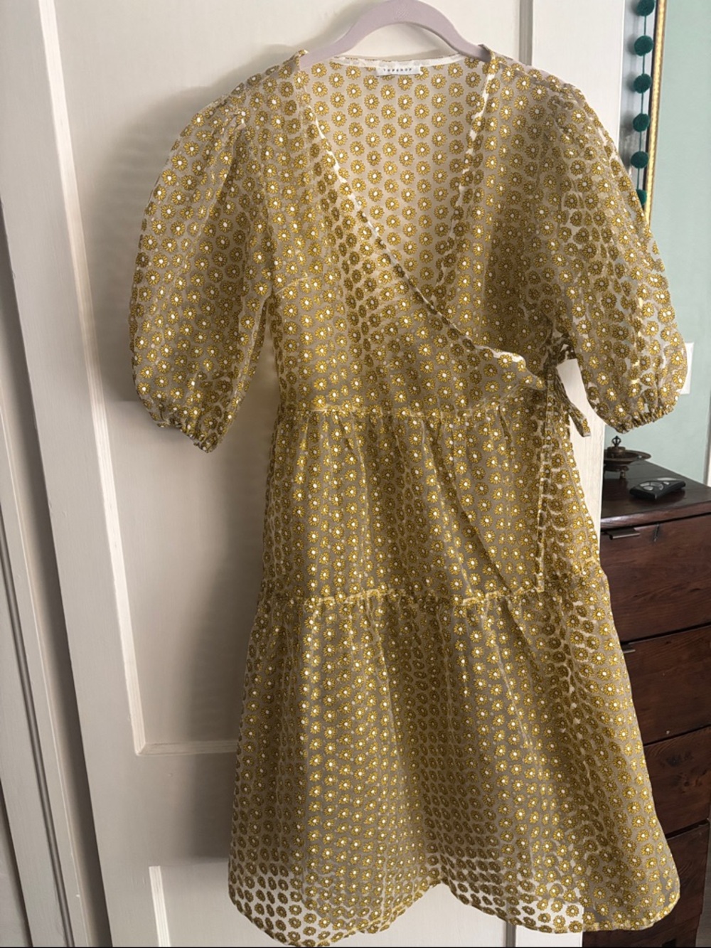 Topshop Yellow Eyelet Wrap Midi Dress with Puff Sleeves